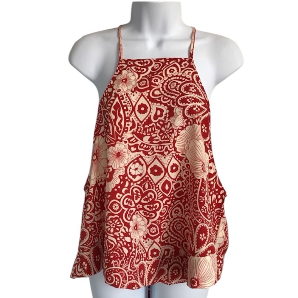 🔴 4/$15 Magnolia Boutique Women’s M Red Cream Silky Paisley Halter Tank Top EUC